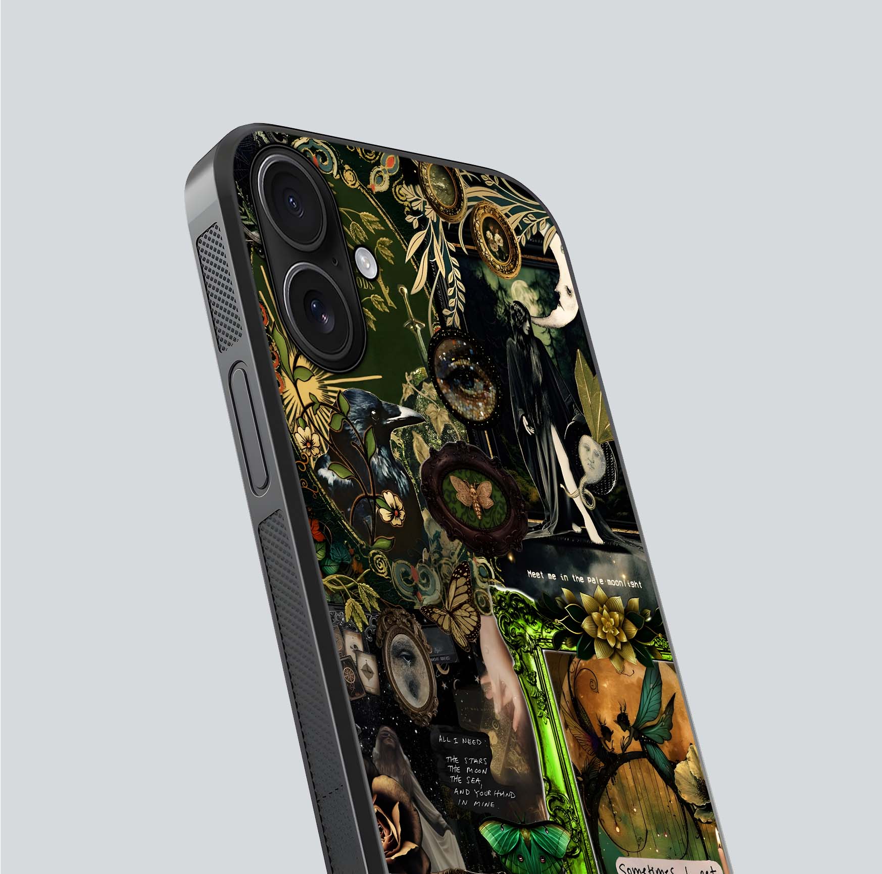 Mystic Woods Secret Glass Case for iPhone 16 close-up angled shot highlighting tree texture and reflection