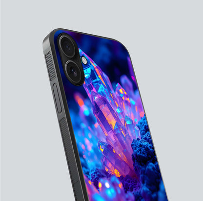 Neon Aura Shards Glass Case for iPhone 16 close-up angled shot highlighting fragment pattern and reflection
