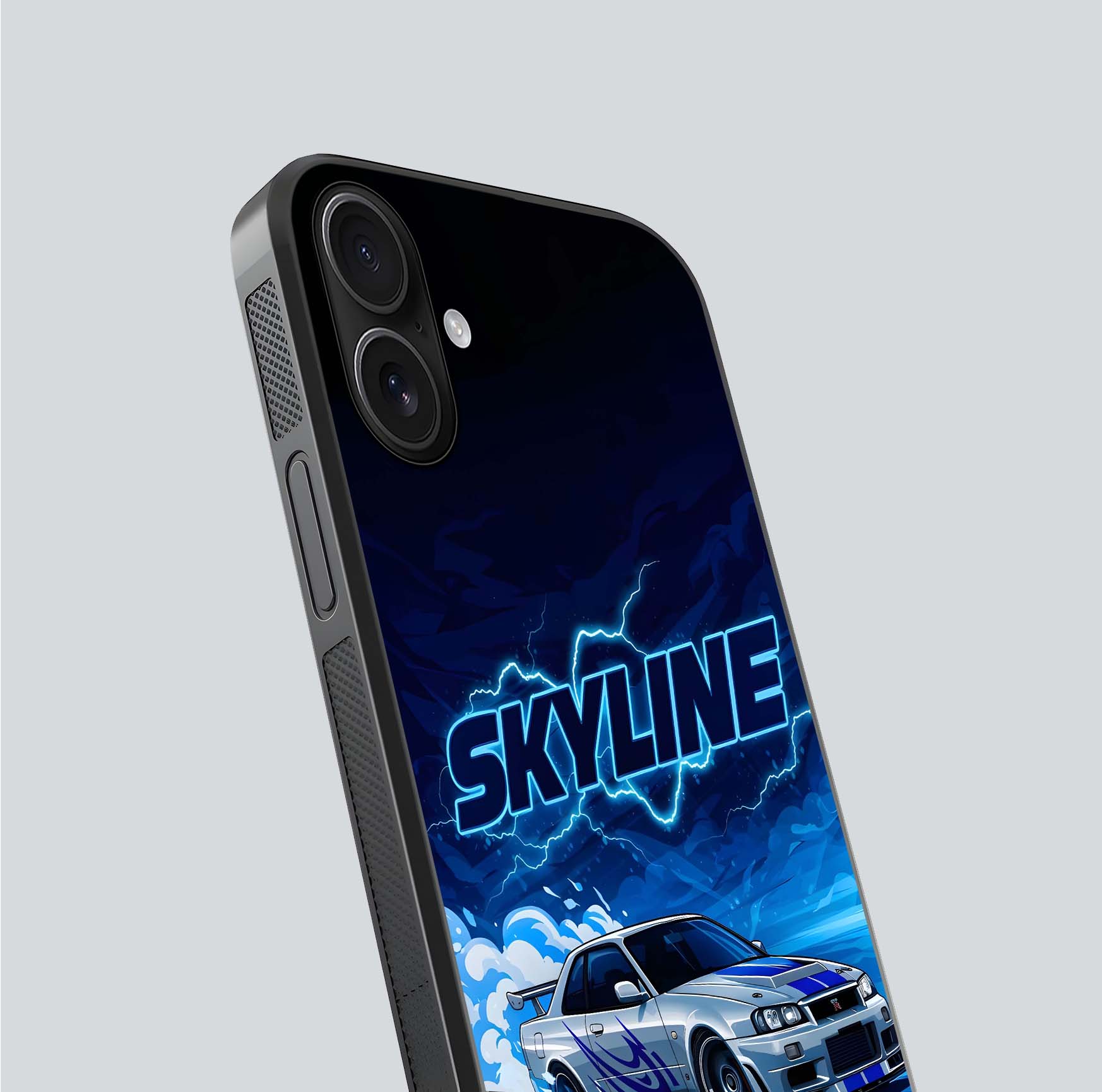 Neon Drift Beast Glass Case for iPhone 16 close-up angled shot highlighting glowing streaks and vivid reflection