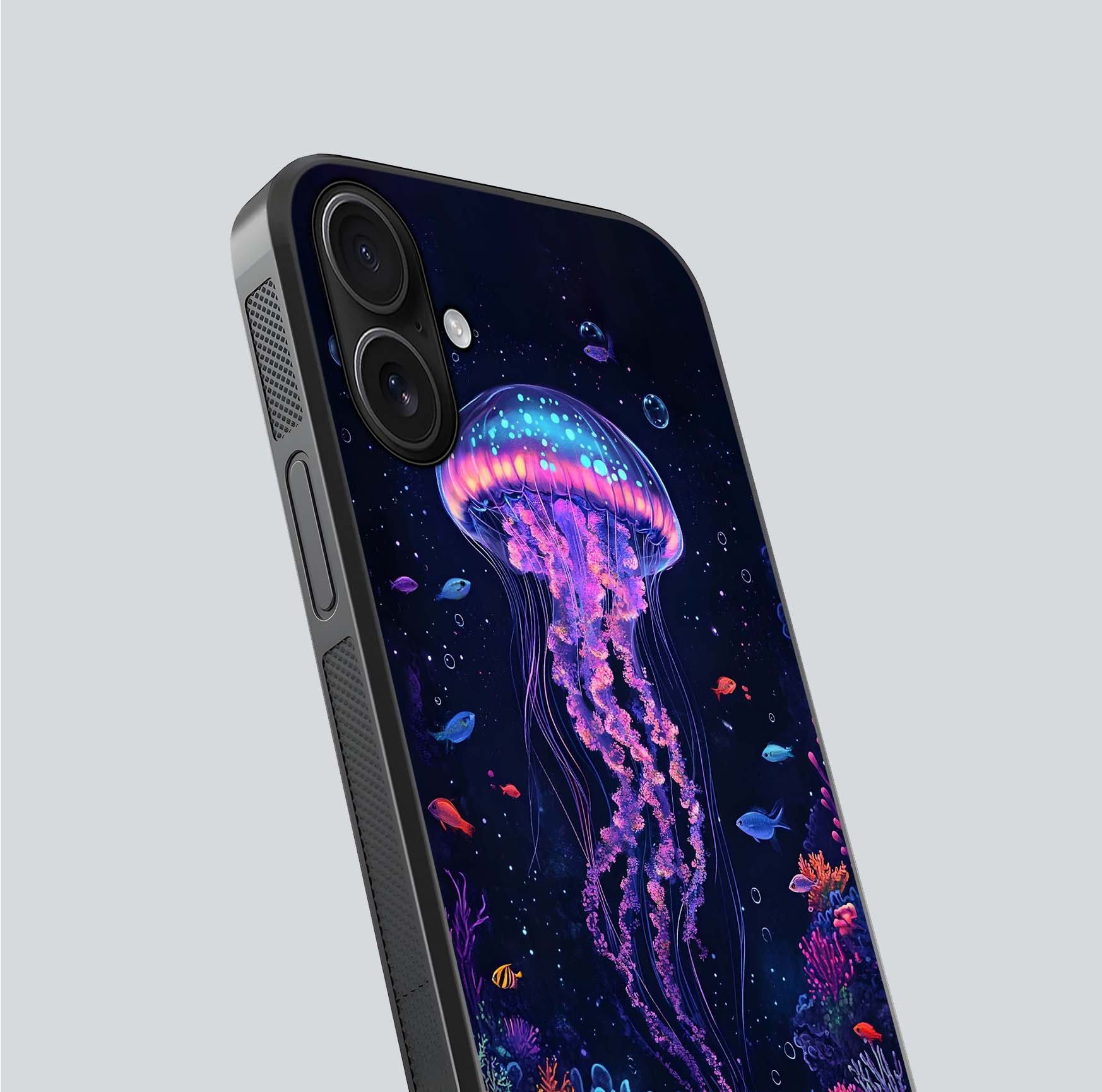 Neon Jellyfish Glass Case for iPhone 16 close-up angled shot showing translucent jellyfish and shine reflection