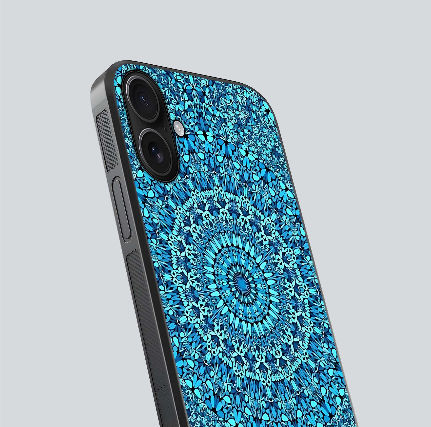 Ocean Bloom Mandala Glass Case for iPhone 16 close-up angled shot highlighting detailed mandala and reflection