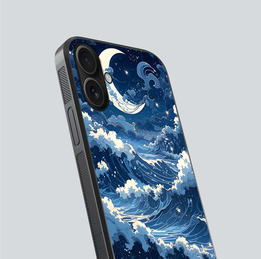 Ocean Moon Waves Glass Case for iPhone 16 close-up angled shot showing HD reflection and calm tones