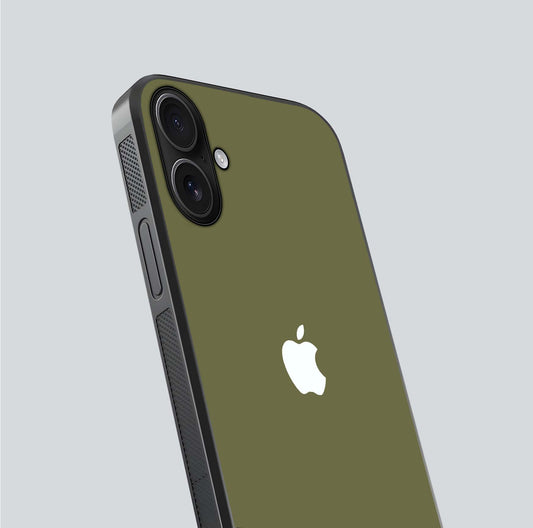 Olive Matte Essence Glass Case for iPhone 16 close-up angled shot showing soft reflection and minimal finish