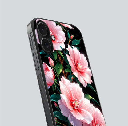 Peach Flower Glass Case for iPhone 16 close-up angled shot highlighting floral petals and HD glass reflection