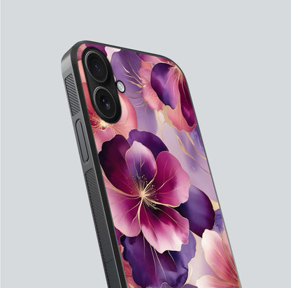 Pink Bouquet Florals Glass Case for iPhone 16 close-up angled shot showing bouquet details and reflection