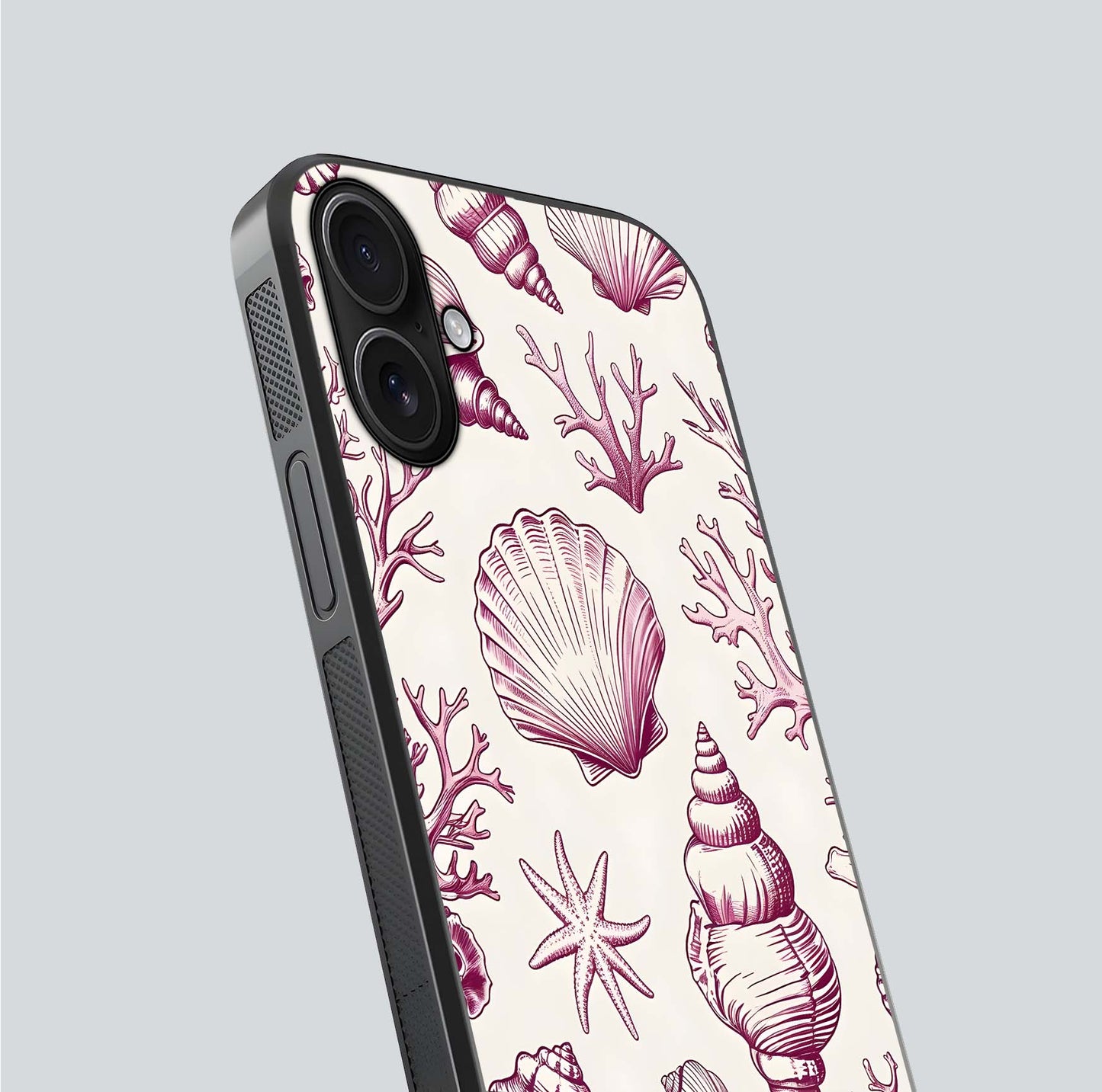 Pink Shells Outline Glass Case for iPhone 16 close-up angled shot showing fine shell lines and reflection