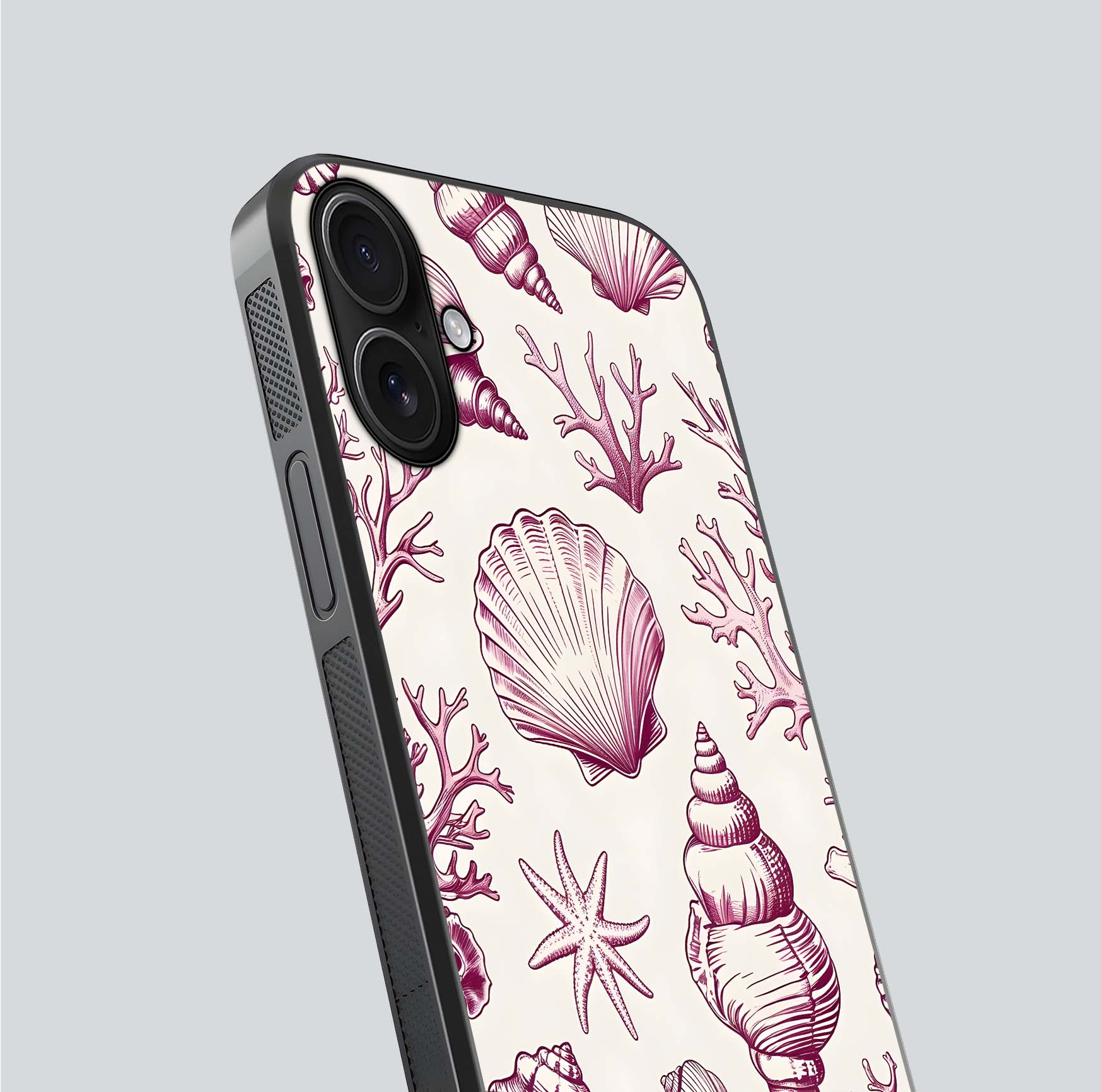 Pink Shells Outline Glass Case for iPhone 16 close-up angled shot showing fine shell lines and reflection