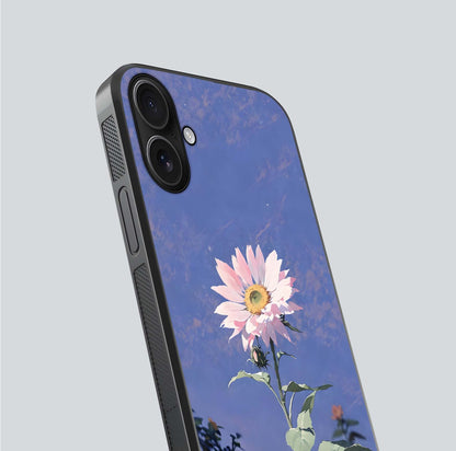 Pink Sunflower Glow Glass Case for iPhone 16 close-up angled shot highlighting petal texture and reflection