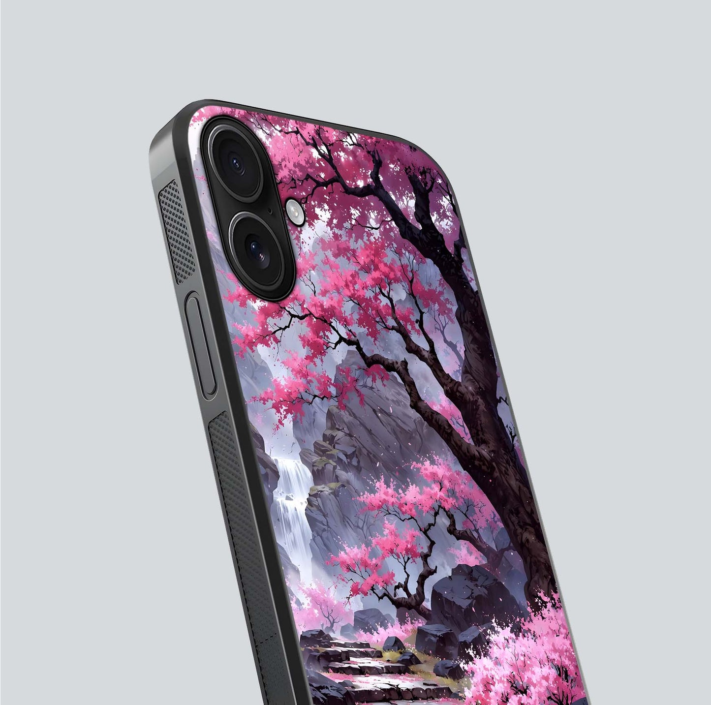 Pinkish Scenery Glass Case for iPhone 16 close-up angled shot showing reflection and gradient color blend