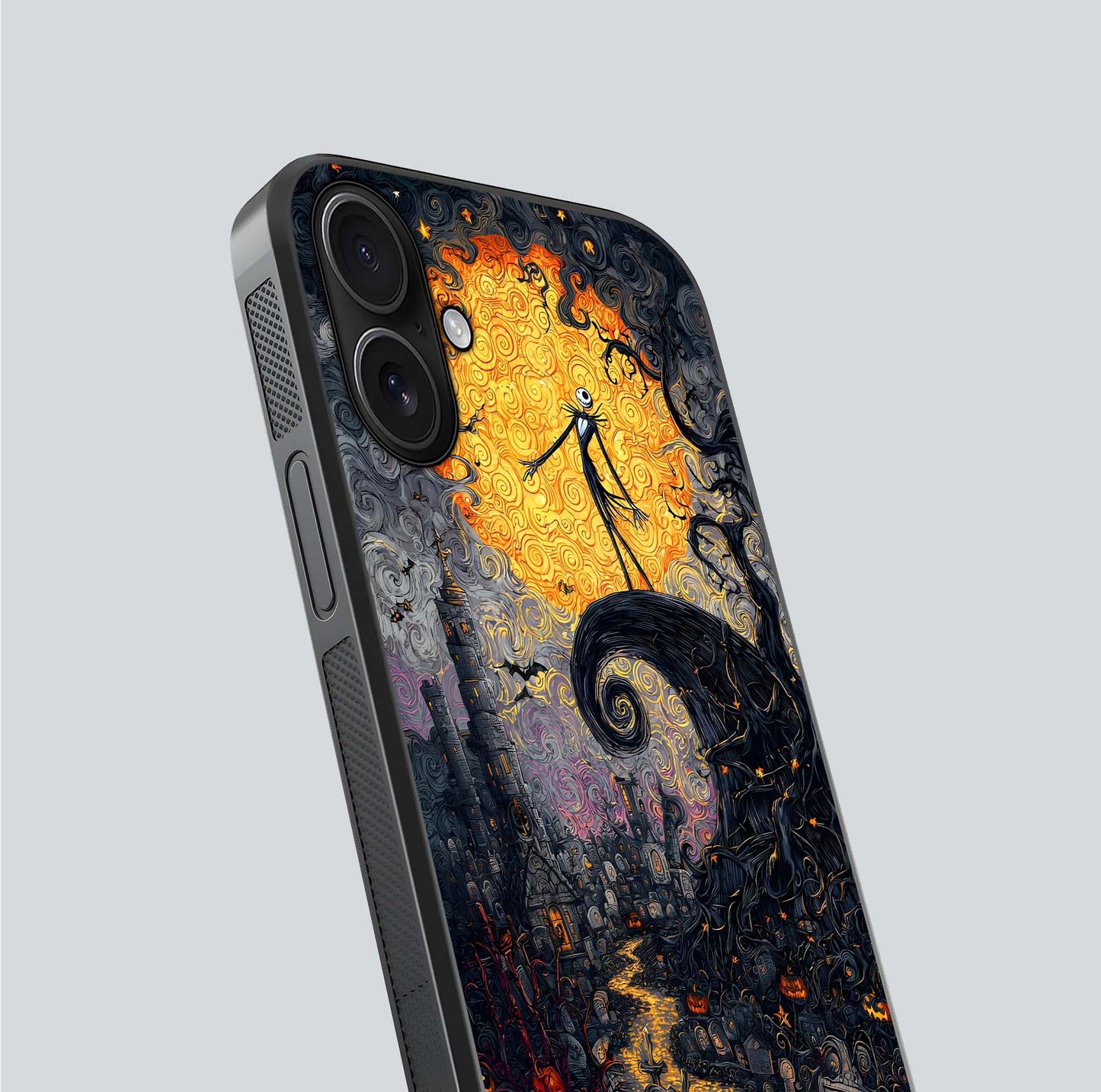 Pumpkin Moon Night Glass Case for iPhone 16 close-up angled shot showing moon reflection and Halloween glow