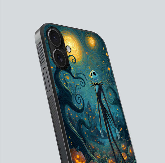 Pumpkin Moonlight Tale Glass Case for iPhone 16 close-up angled shot highlighting reflection and vibrant glow