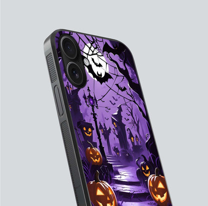 Pumpkin Patch Halloween Glass Case for iPhone 16 close-up angled shot highlighting pumpkin texture and shine