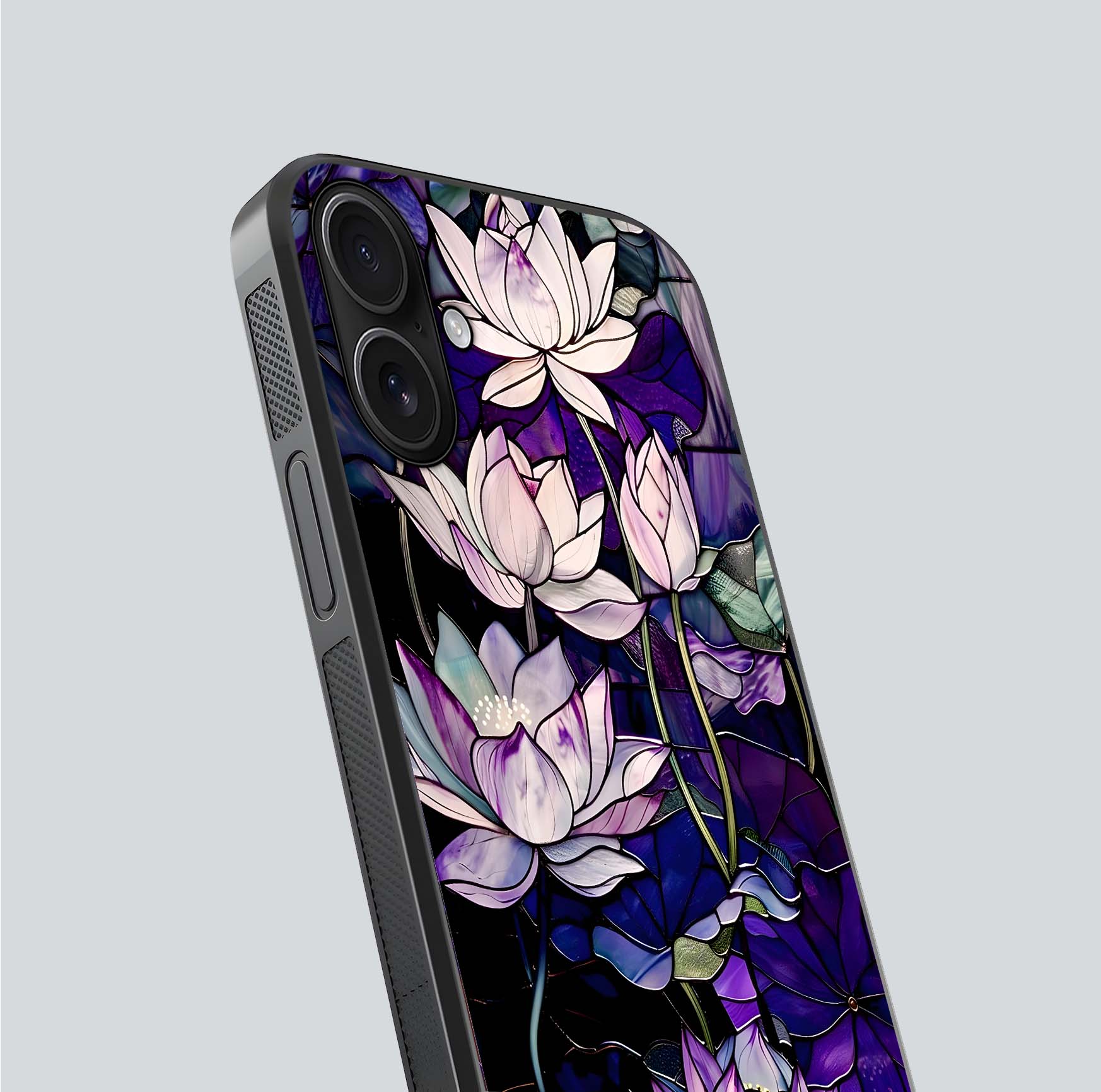 Purple Lotus Pattern Glass Case for iPhone 16 close-up angled shot showing petal texture and HD reflection
