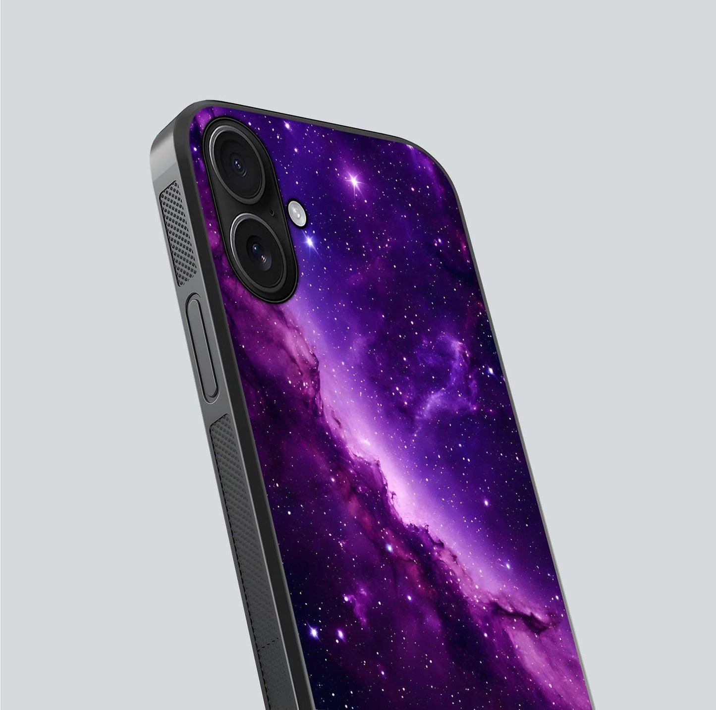 Purple Shade Sky Glass Case for iPhone 16 close-up angled shot highlighting color gradient and reflection