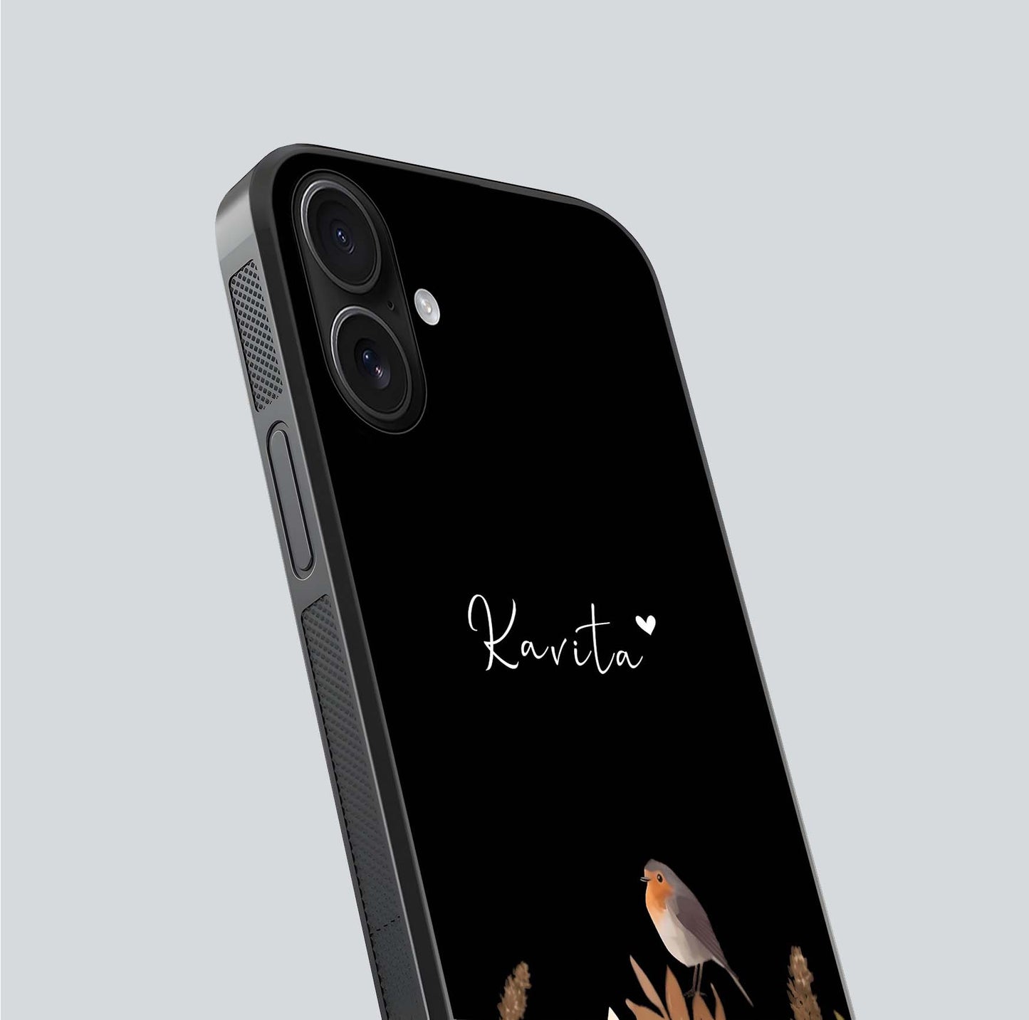 Quiet Garden Tune Custom Name Glass Case for iPhone 16 close-up angled shot showing soft tones and gloss reflection