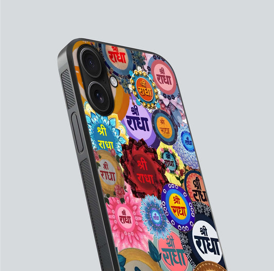 Radha Divine Bloom Glass Case for iPhone 16 close-up angled shot highlighting divine detailing and shine