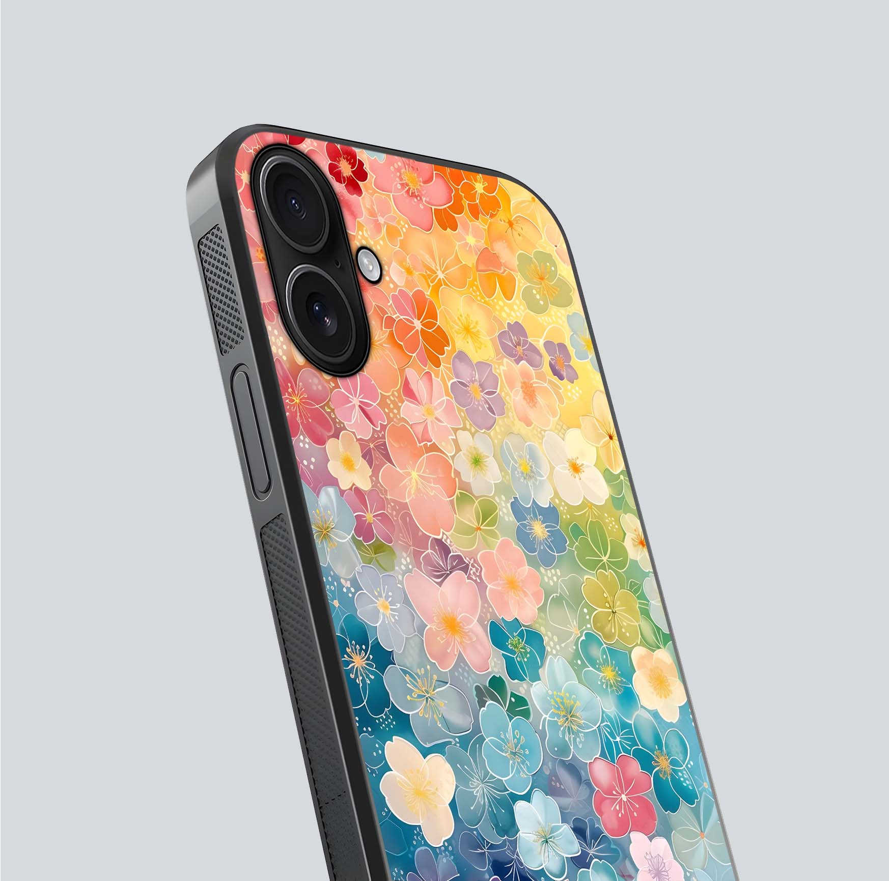 Rainbow Blossom Burst Glass Case for iPhone 16 close-up angled shot showing petal colors and reflection