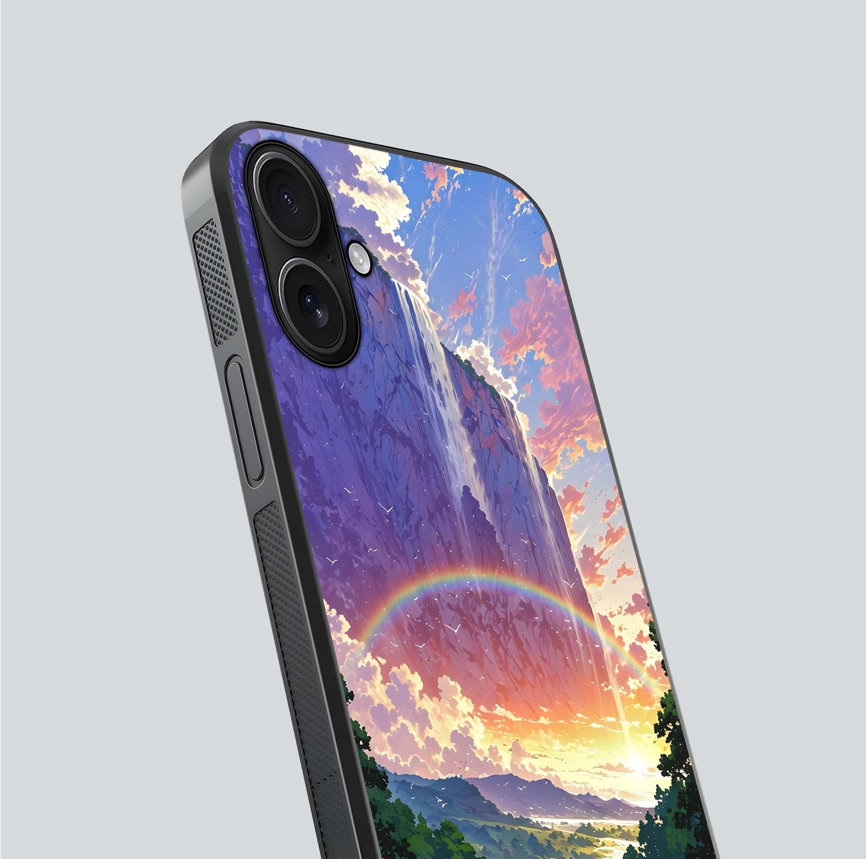 Rainbow Valley Dream Glass Case for iPhone 16 close-up angled shot highlighting gradient tones and HD shine