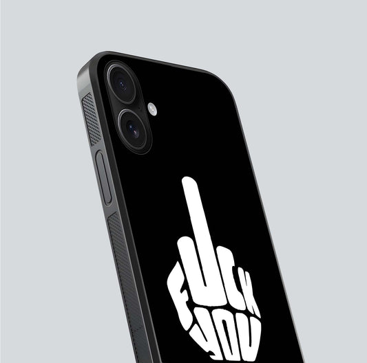 Rebel Mode On Glass Case for iPhone 16 close-up angled shot highlighting reflective text and sharp design