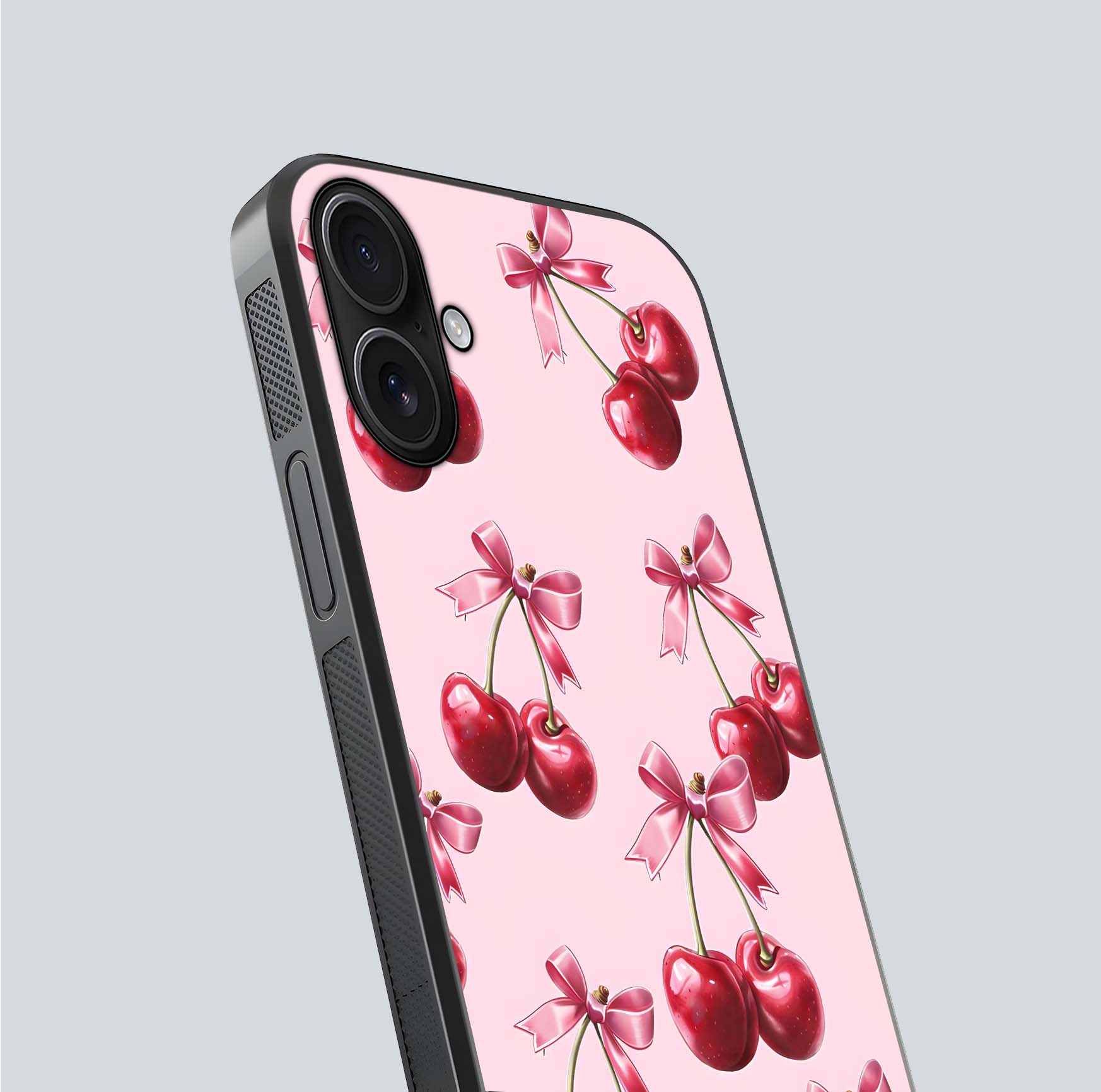 Red Cherries Pattern Glass Case for iPhone 16 close-up angled shot showing cherry details and HD reflection