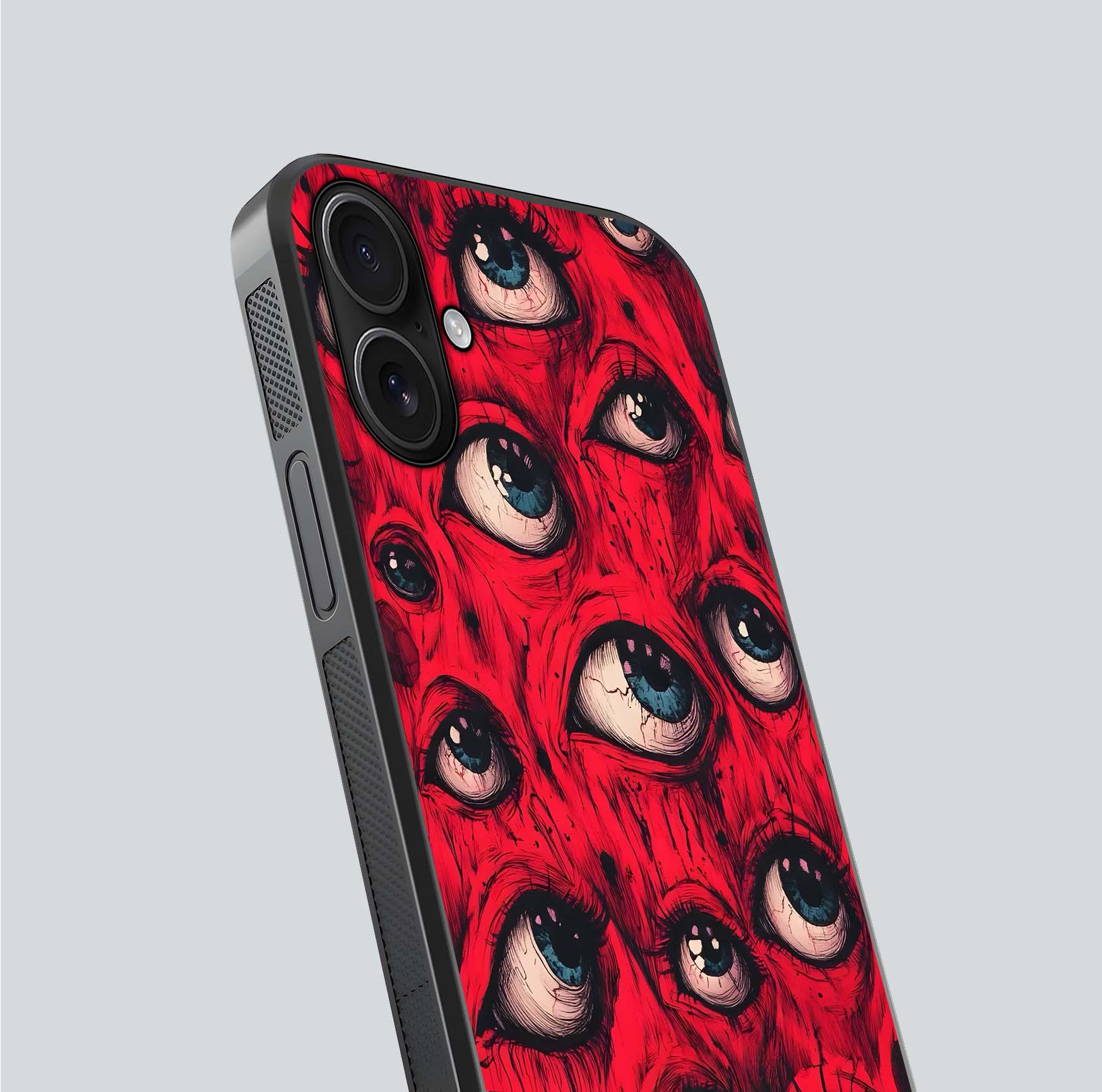 Red Eyes Pattern Glass Case for iPhone 16 close-up angled shot highlighting vivid contrast and HD shine