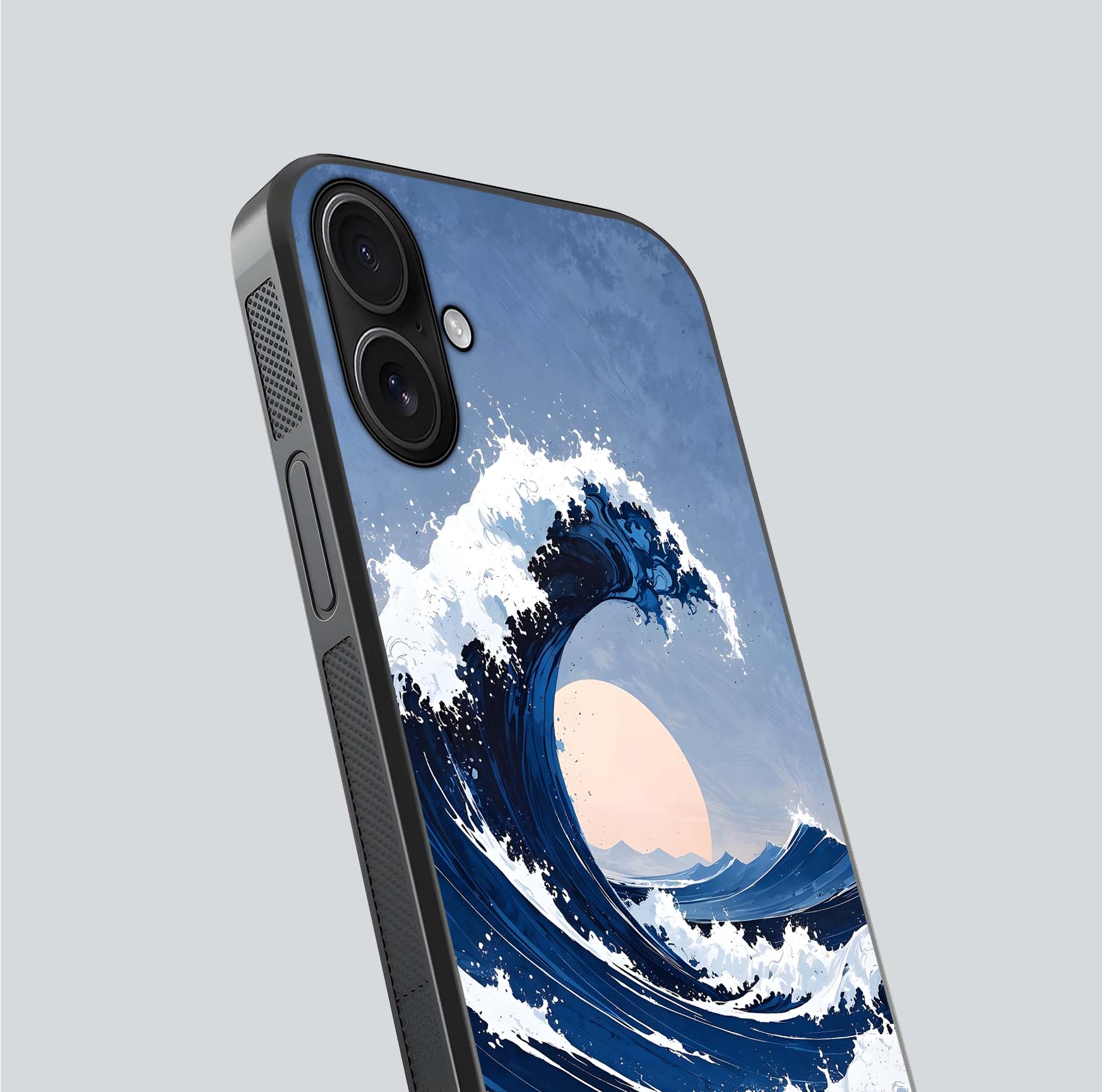 Rising Tide Power Glass Case for iPhone 16 close-up angled shot highlighting water motion and reflection