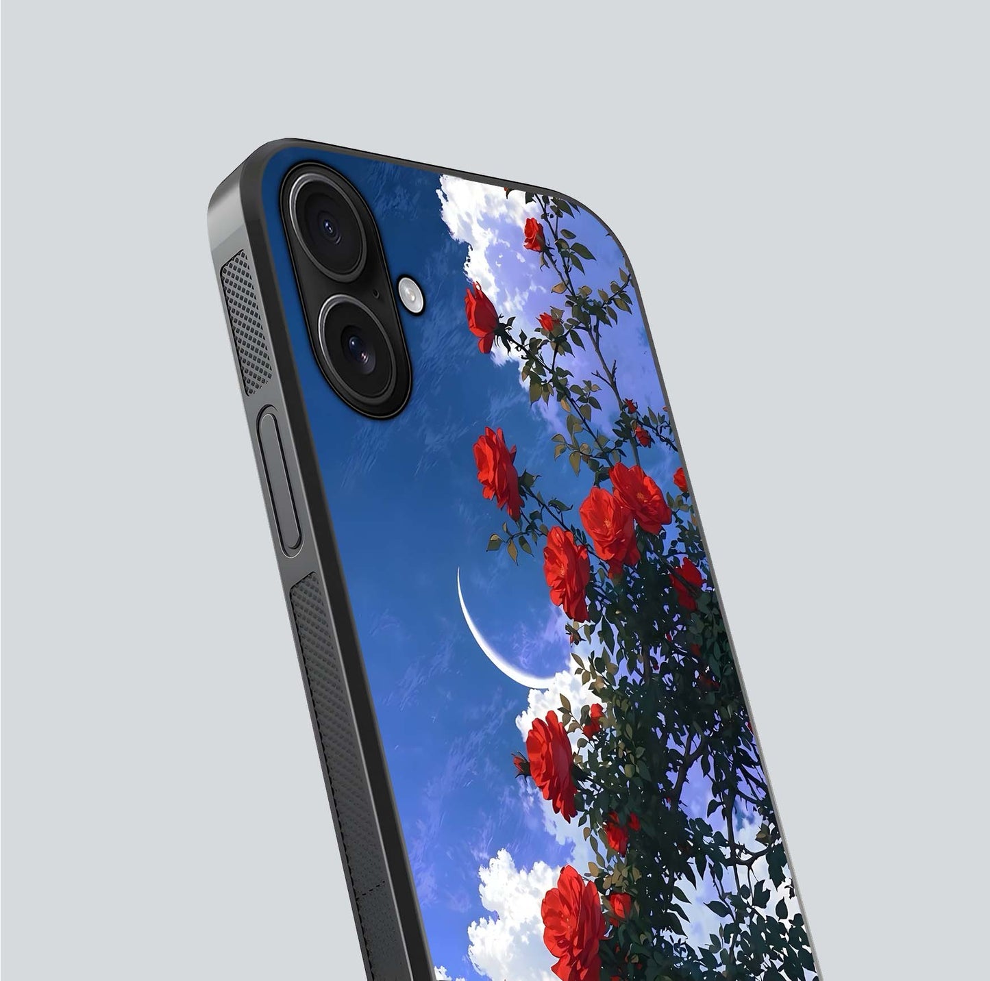 Rose Drift Flowers Glass Case for iPhone 16 close-up angled shot highlighting floral texture and reflection