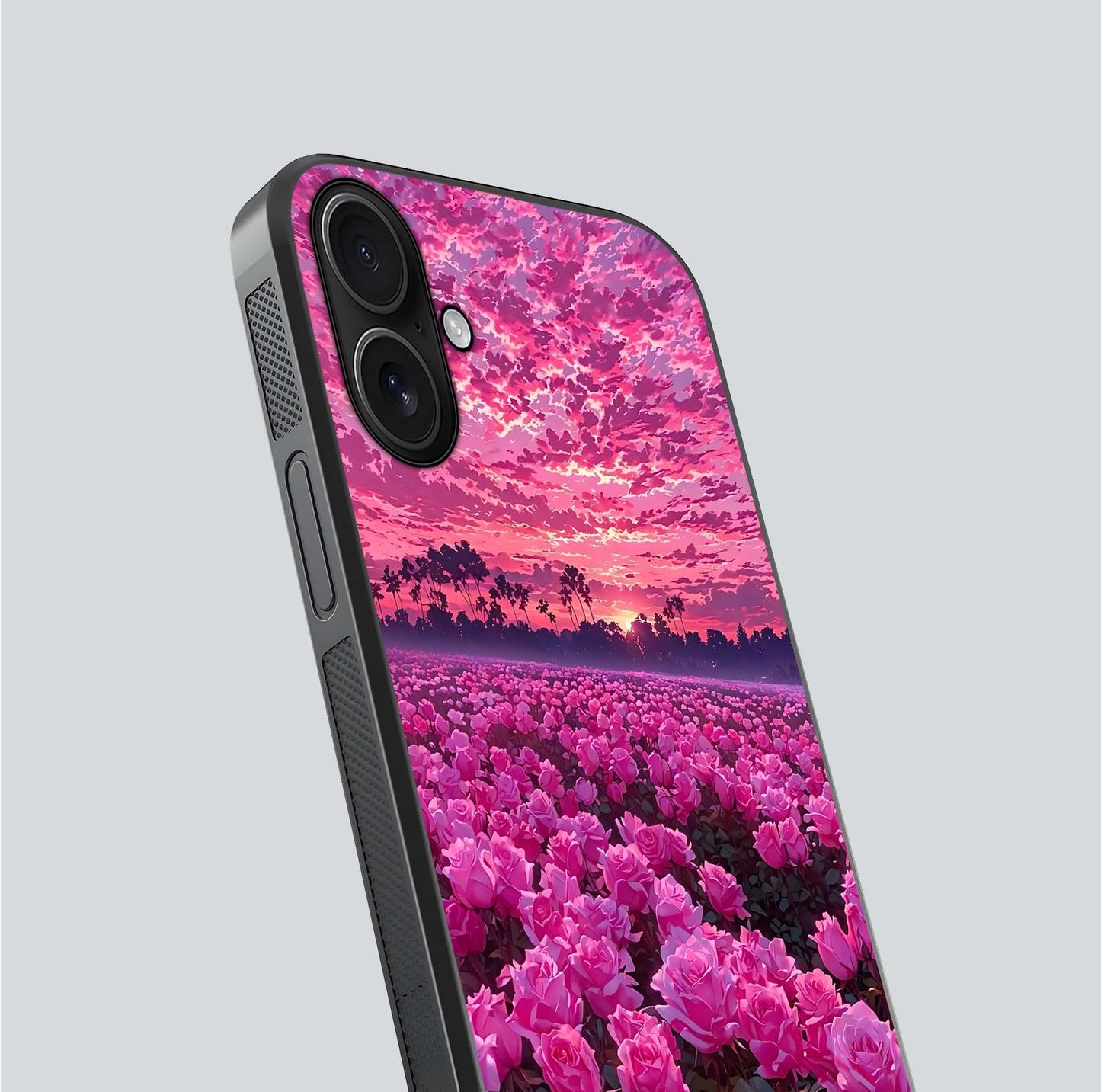 Rose Sunset Valley Glass Case for iPhone 16 close-up angled shot showing rose detailing and golden hues