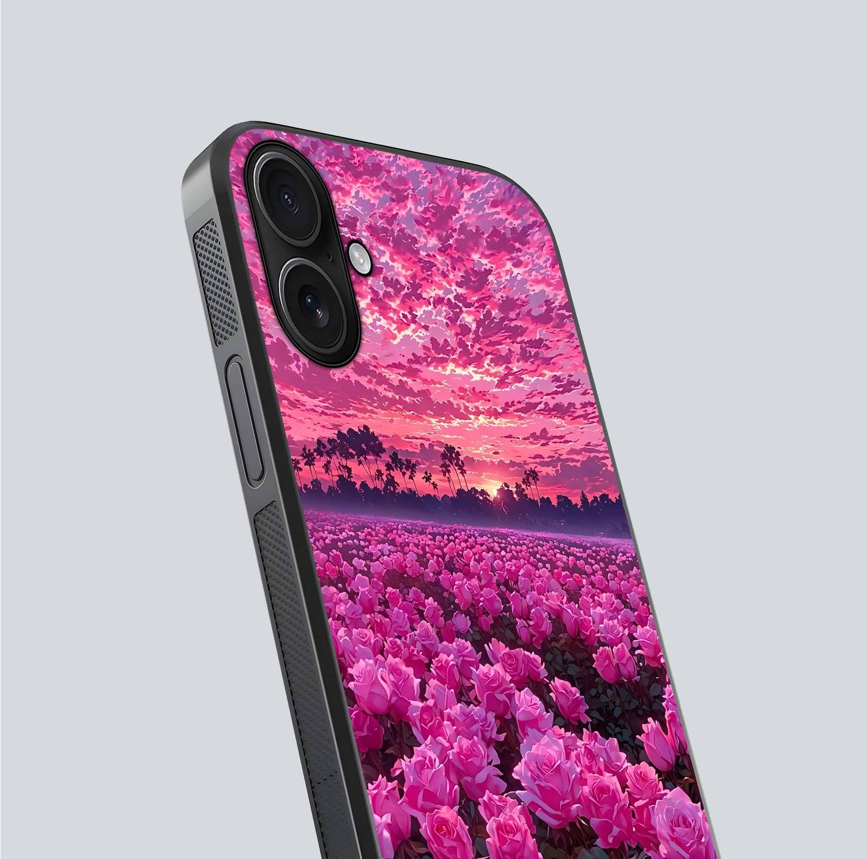 Rose Sunset Valley Glass Case for iPhone 16 close-up angled shot showing rose detailing and golden hues