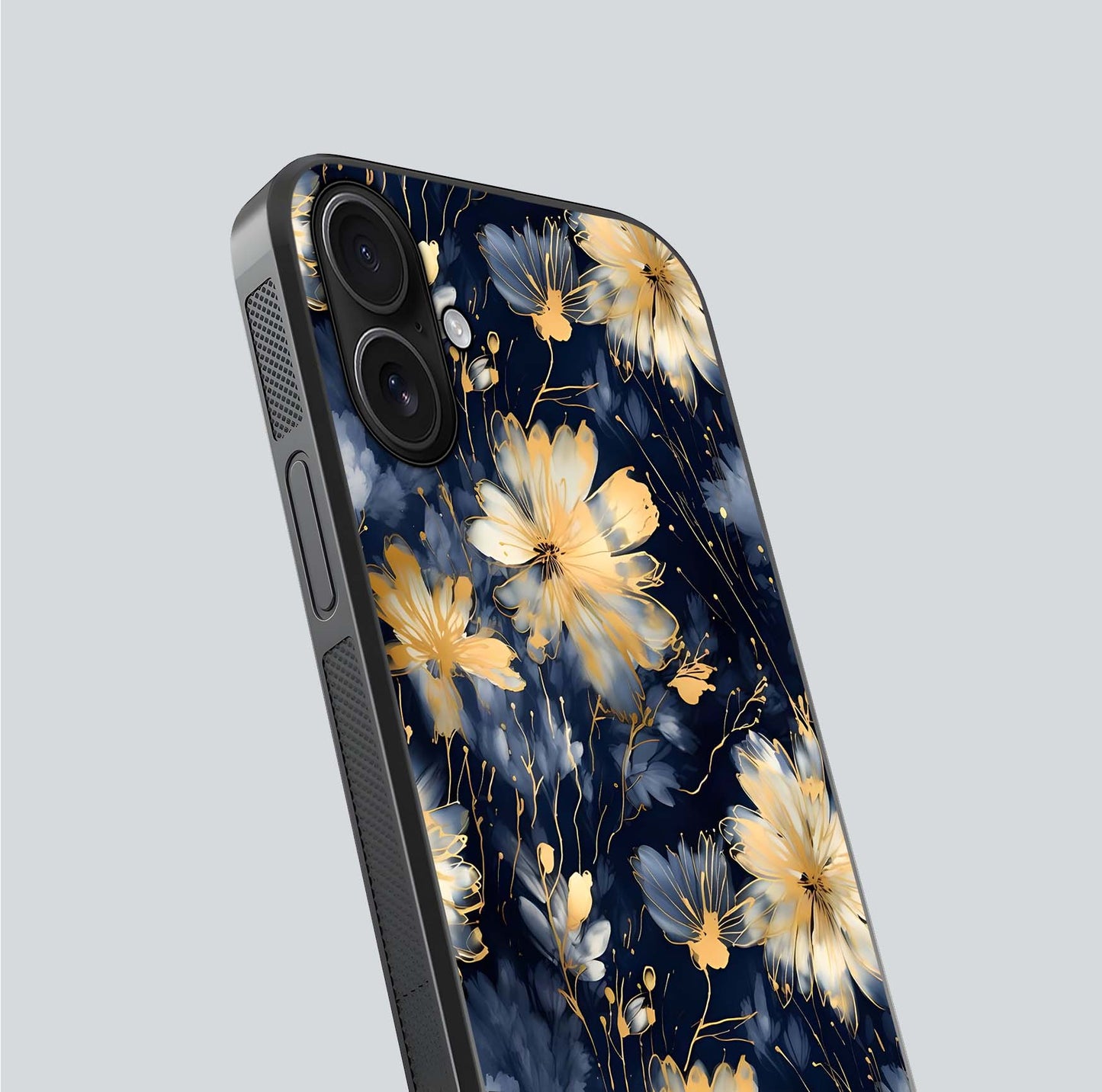 Royal Petal Dream Glass Case for iPhone 16 close-up angled shot highlighting petal texture and reflection depth