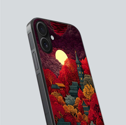 Scarlet Autumn Temple Glass Case for iPhone 16 close-up angled shot highlighting golden leaves and reflection