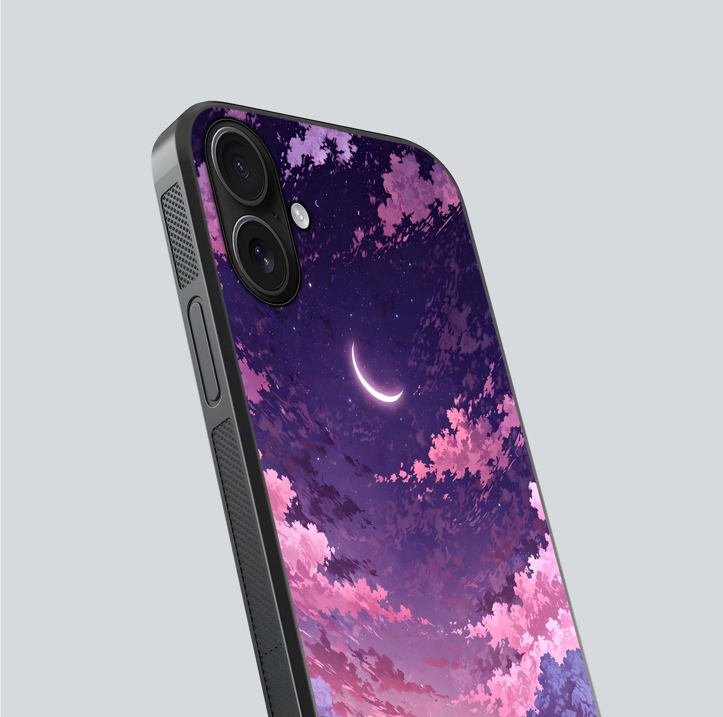 Sky Drift Clouds Glass Case for iPhone 16 close-up angled shot highlighting cloud texture and reflection