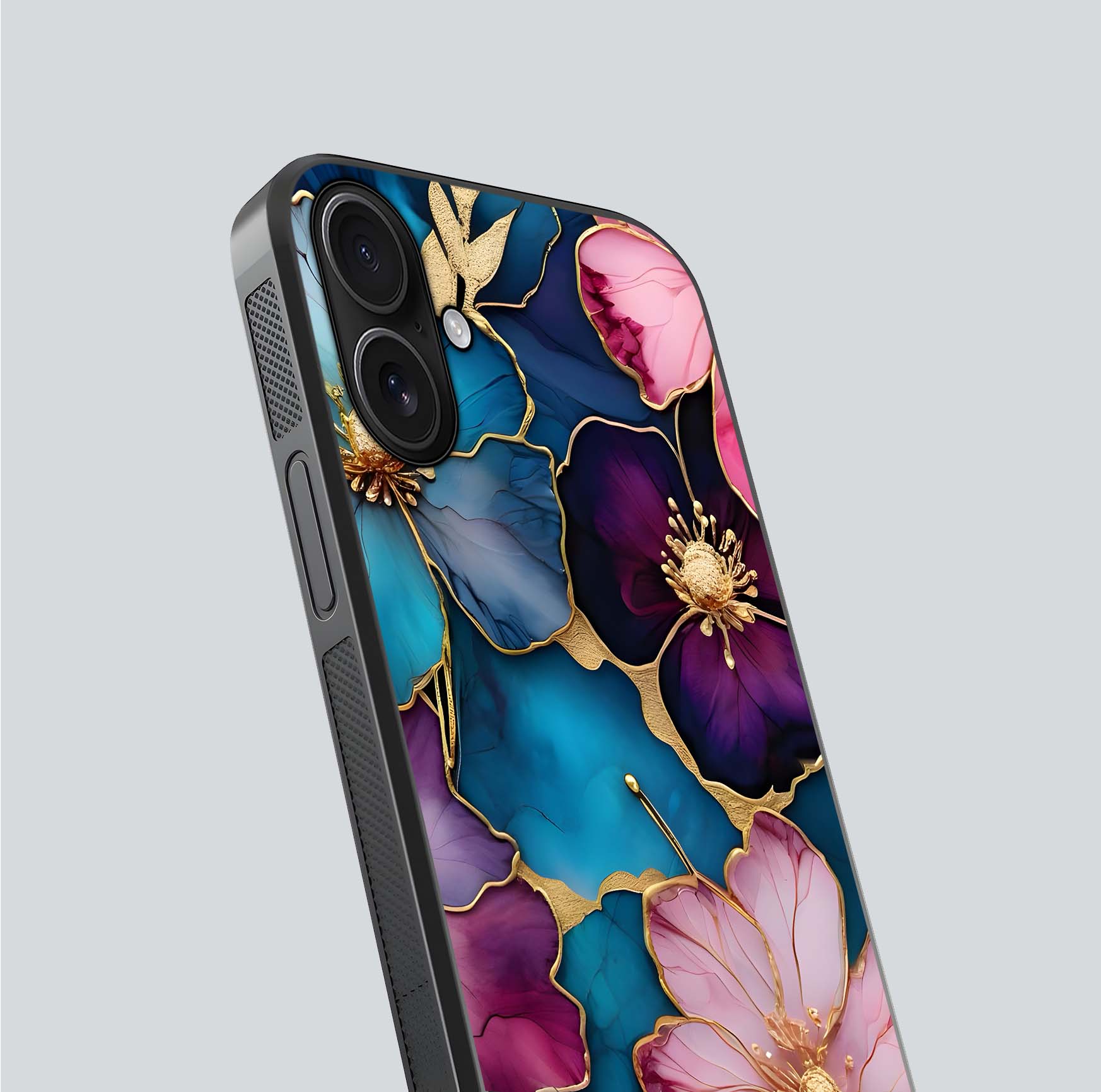 Sparkle Floral Glass Case for iPhone 16 close-up angled shot highlighting shimmer details and reflection