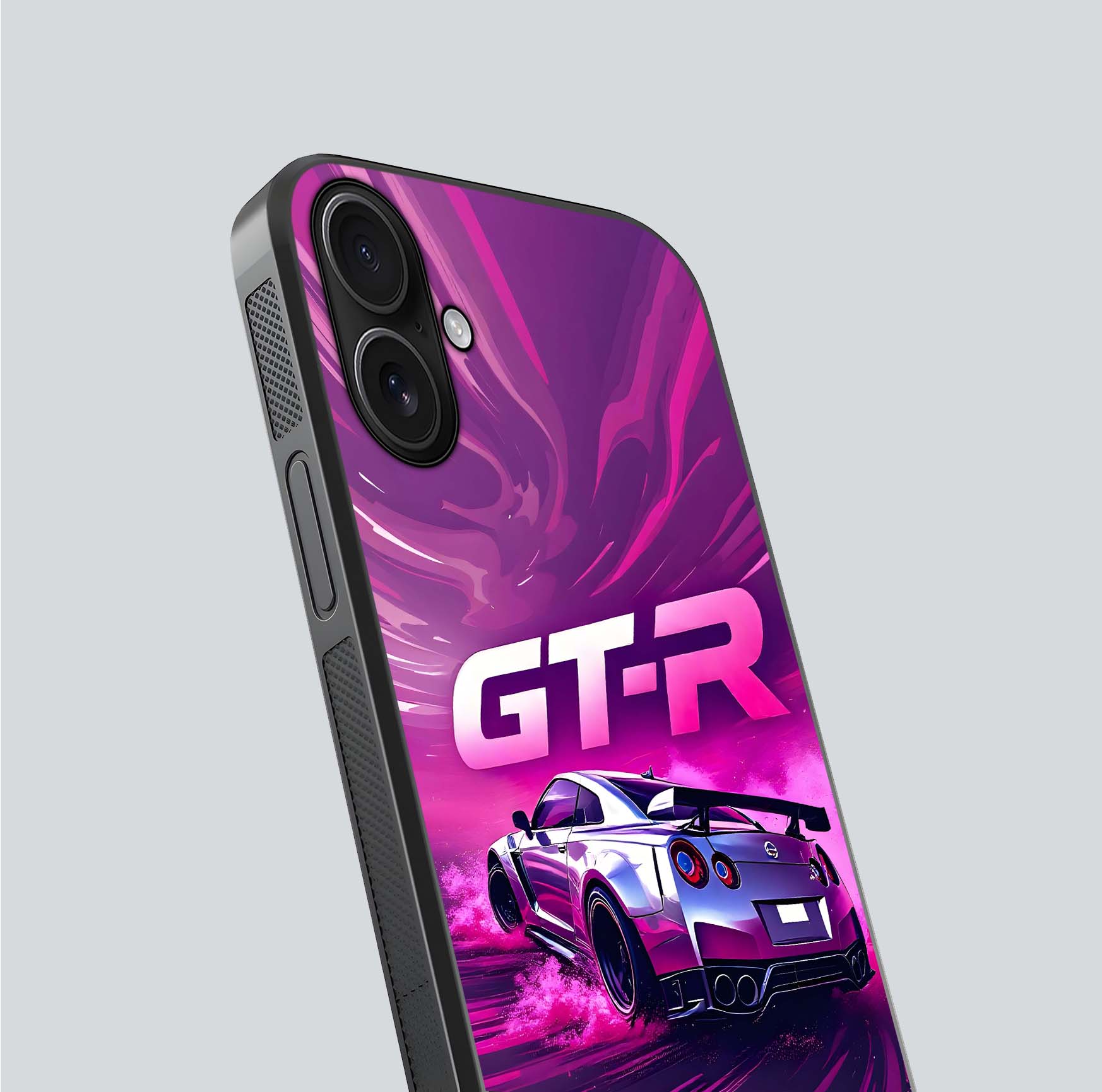 Speed Drift Legend Glass Case for iPhone 16 close-up angled shot highlighting speed lines and reflection