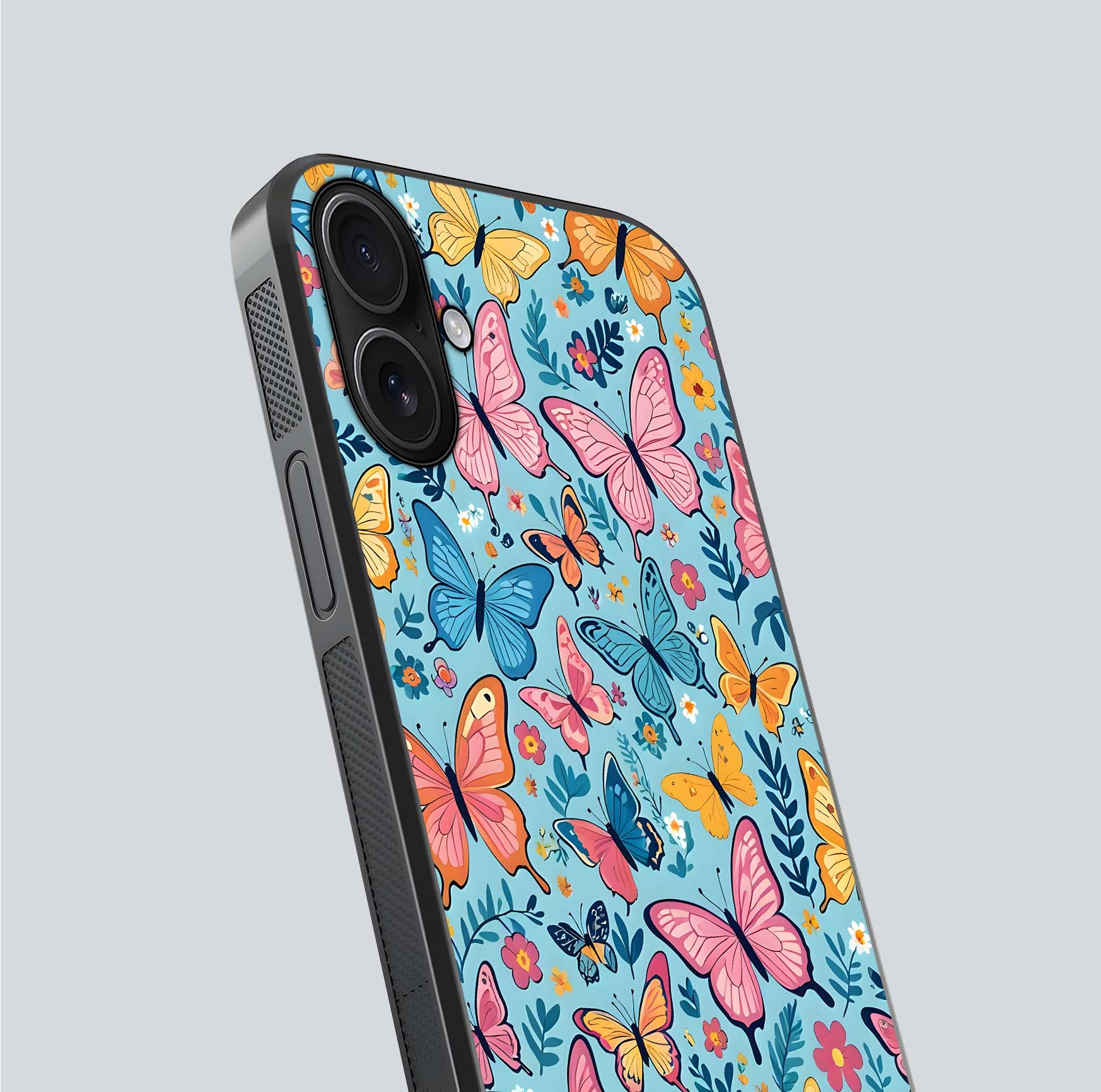 Spiritual Krishna Glass Case for iPhone 16 close-up angled shot showing HD print, color tone, and reflection