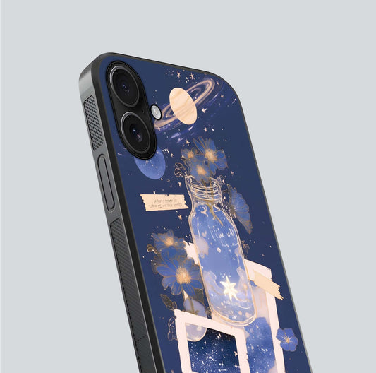 Starlit Cosmic Jar Glass Case for iPhone 16 close-up angled shot highlighting stars, reflections, and HD shine