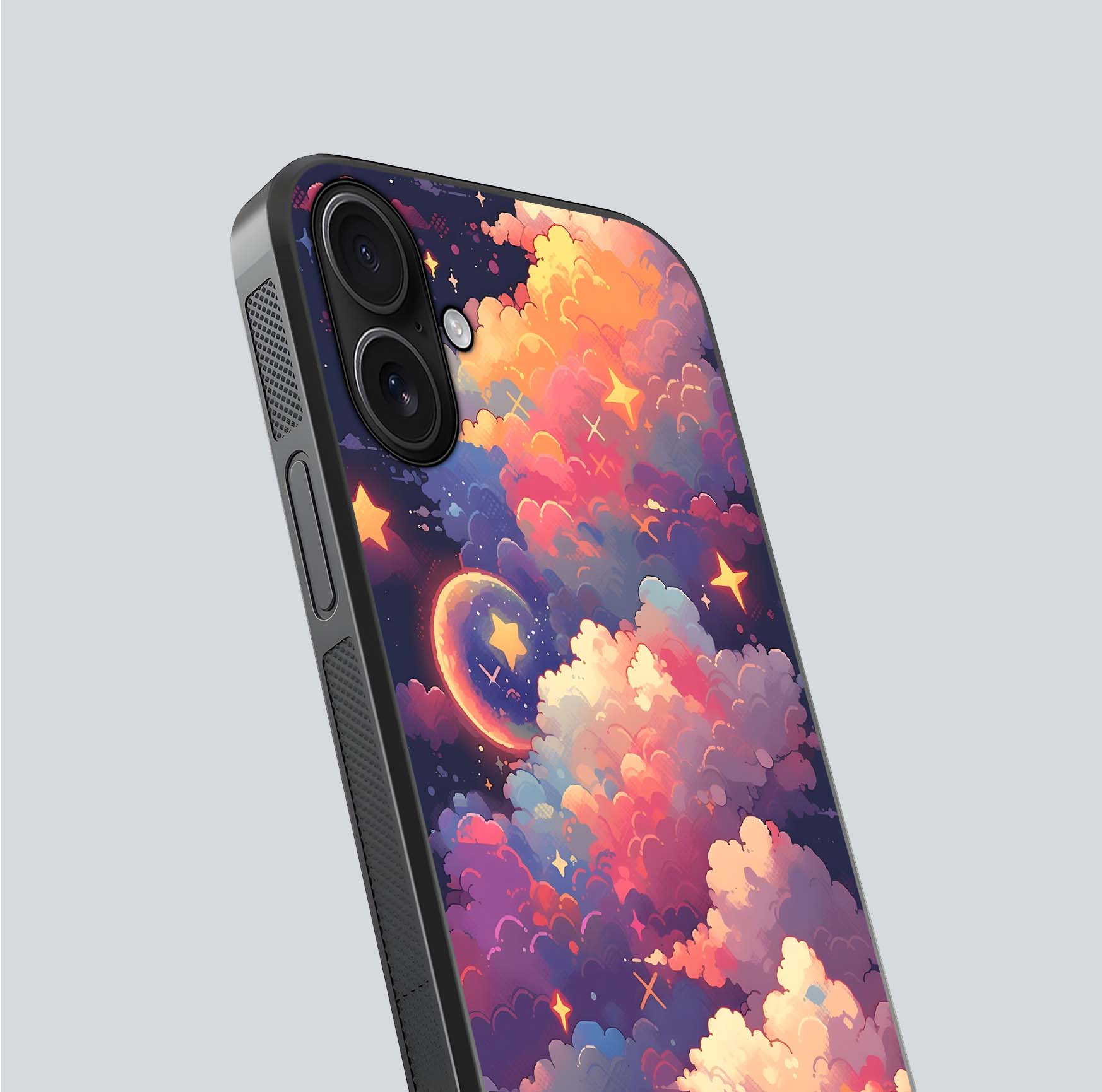 Starlit Dream Clouds Glass Case for iPhone 16 close-up angled shot highlighting cloud texture and reflection