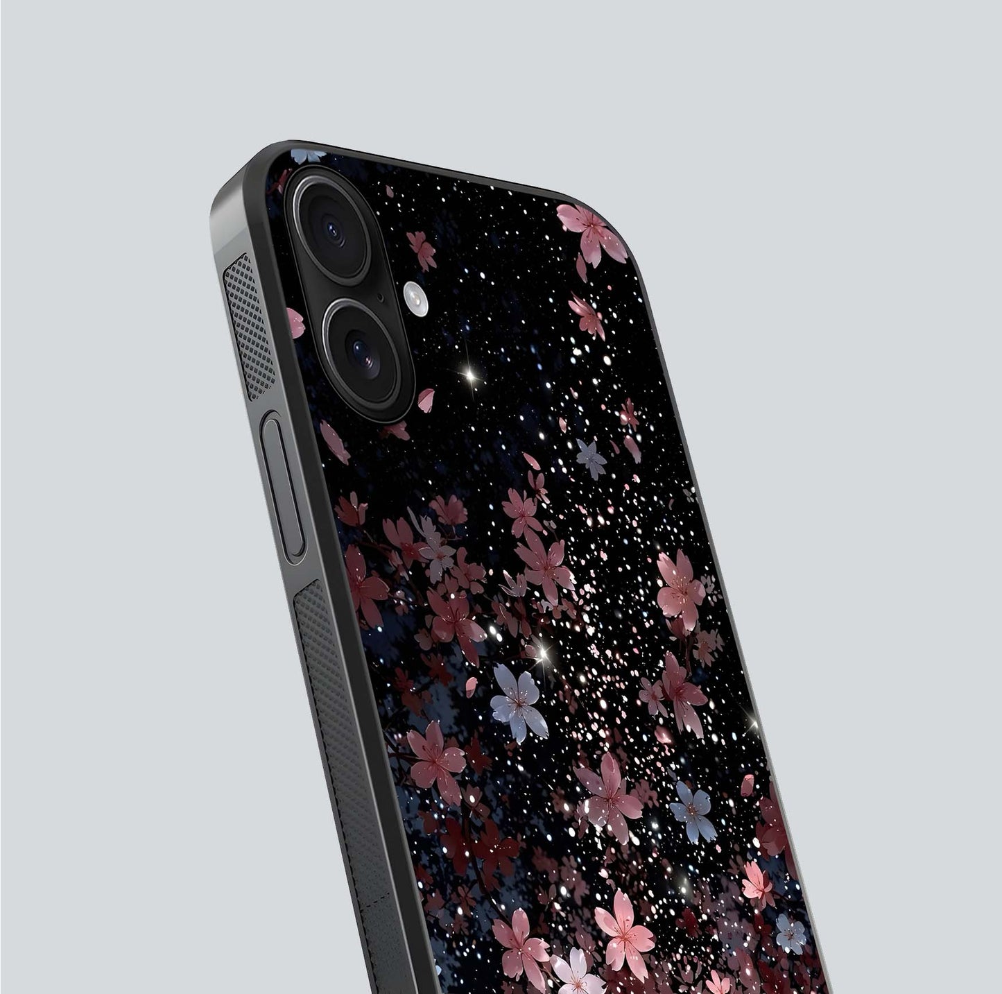 Starlit Flower Dreams Glass Case for iPhone 16 close-up angled shot highlighting petal reflection and HD depth