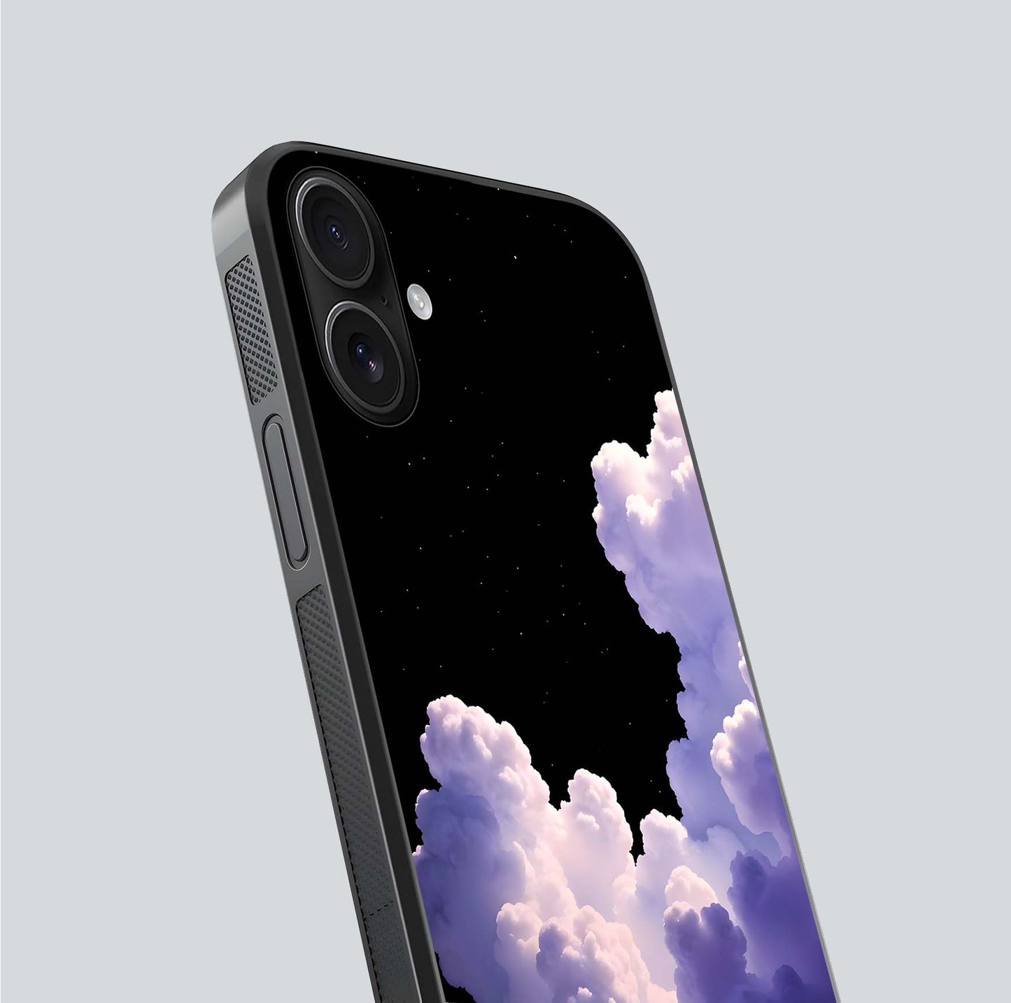 Starlit Night Whispers Glass Case for iPhone 16 close-up angled shot highlighting stars and reflection