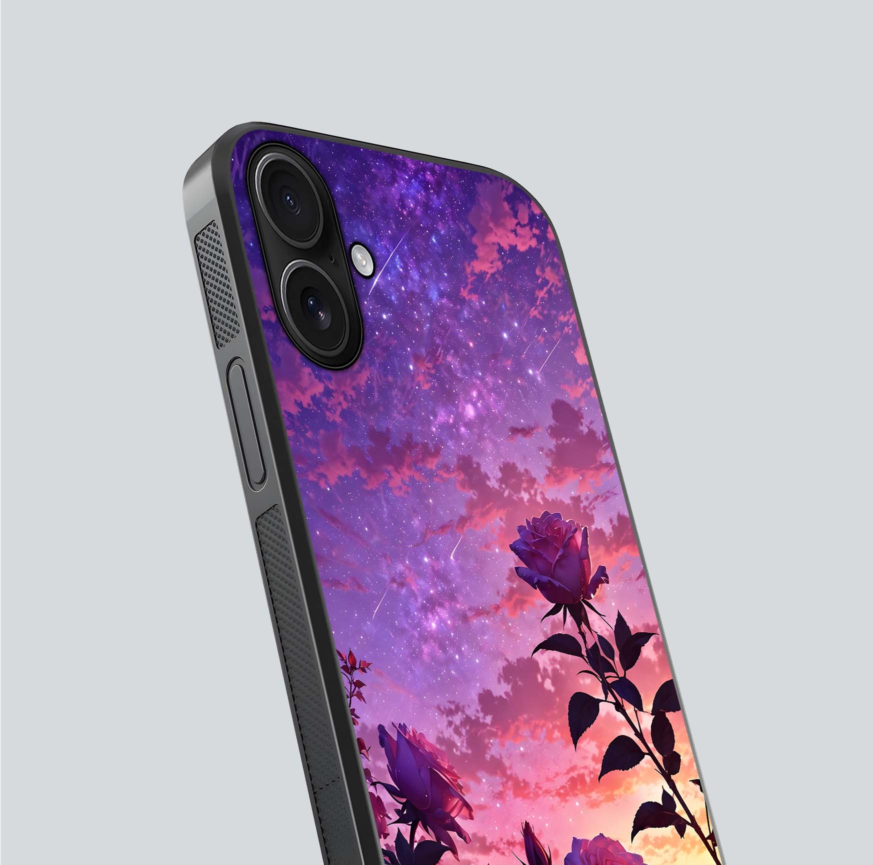 Starlit Rose Twilight Glass Case for iPhone 16 close-up angled shot highlighting rose detail and reflection