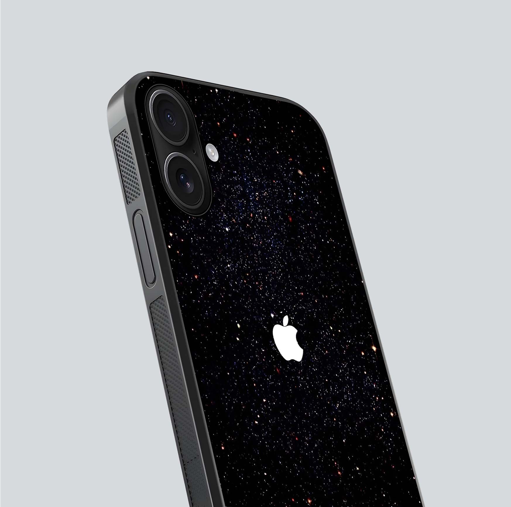 Starry Apple Galaxy Glass Case for iPhone 16 close-up angled shot highlighting star details and gloss