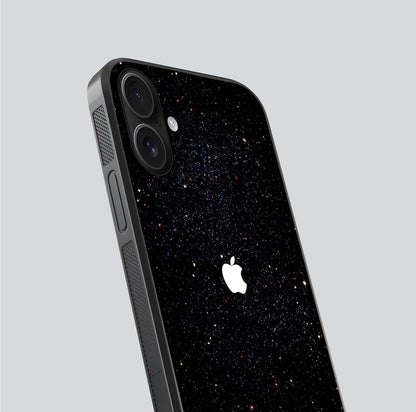 Starry Apple Galaxy Glass Case for iPhone 16 close-up angled shot highlighting star details and gloss
