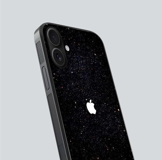 Starry Apple Galaxy Glass Case for iPhone 16 close-up angled shot highlighting star details and gloss