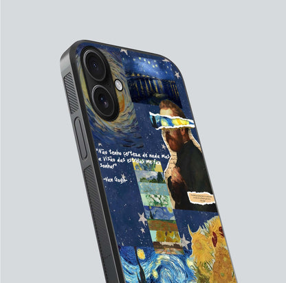 Starry Dream Vision Glass Case for iPhone 16 close-up angled shot highlighting cosmic light and reflection