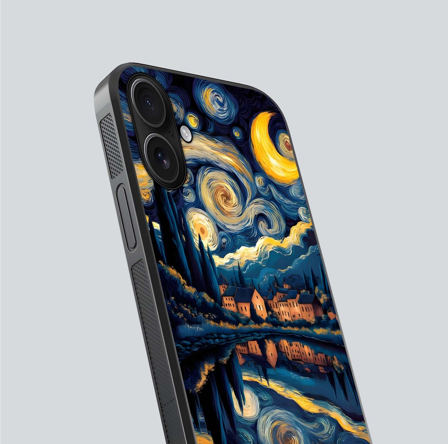 Starry Sky Serenity Glass Case for iPhone 16 close-up angled shot highlighting light reflection and blue hues