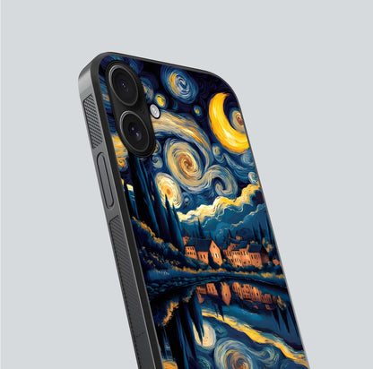 Starry Sky Serenity Glass Case for iPhone 16 close-up angled shot highlighting light reflection and blue hues