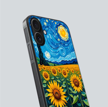 Starry Sunflower Dreams Glass Case for iPhone 16 close-up angled shot highlighting petal texture and gloss