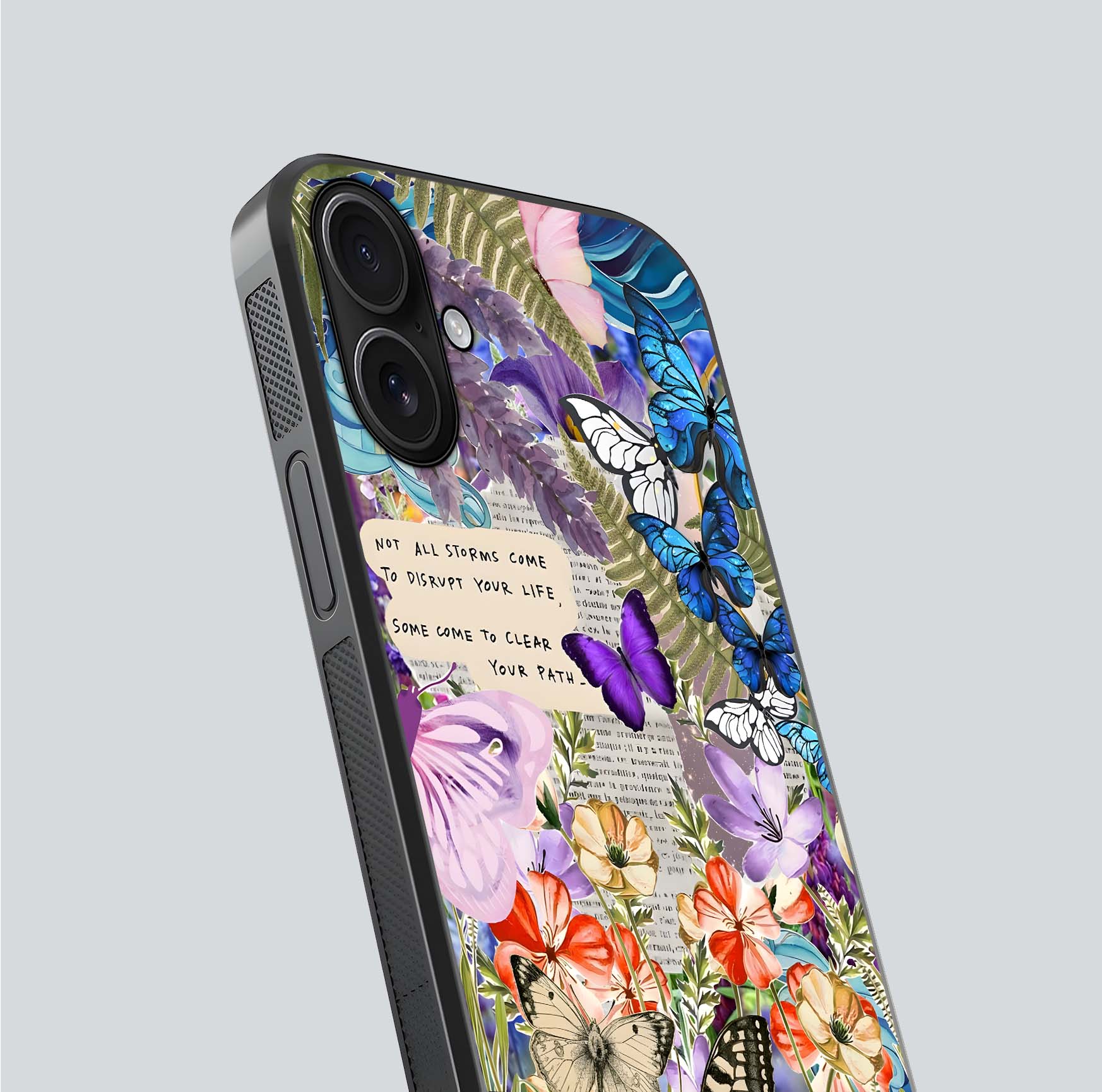 Storm Path Bloom Glass Case for iPhone 16 close-up angled shot highlighting bloom texture and reflection