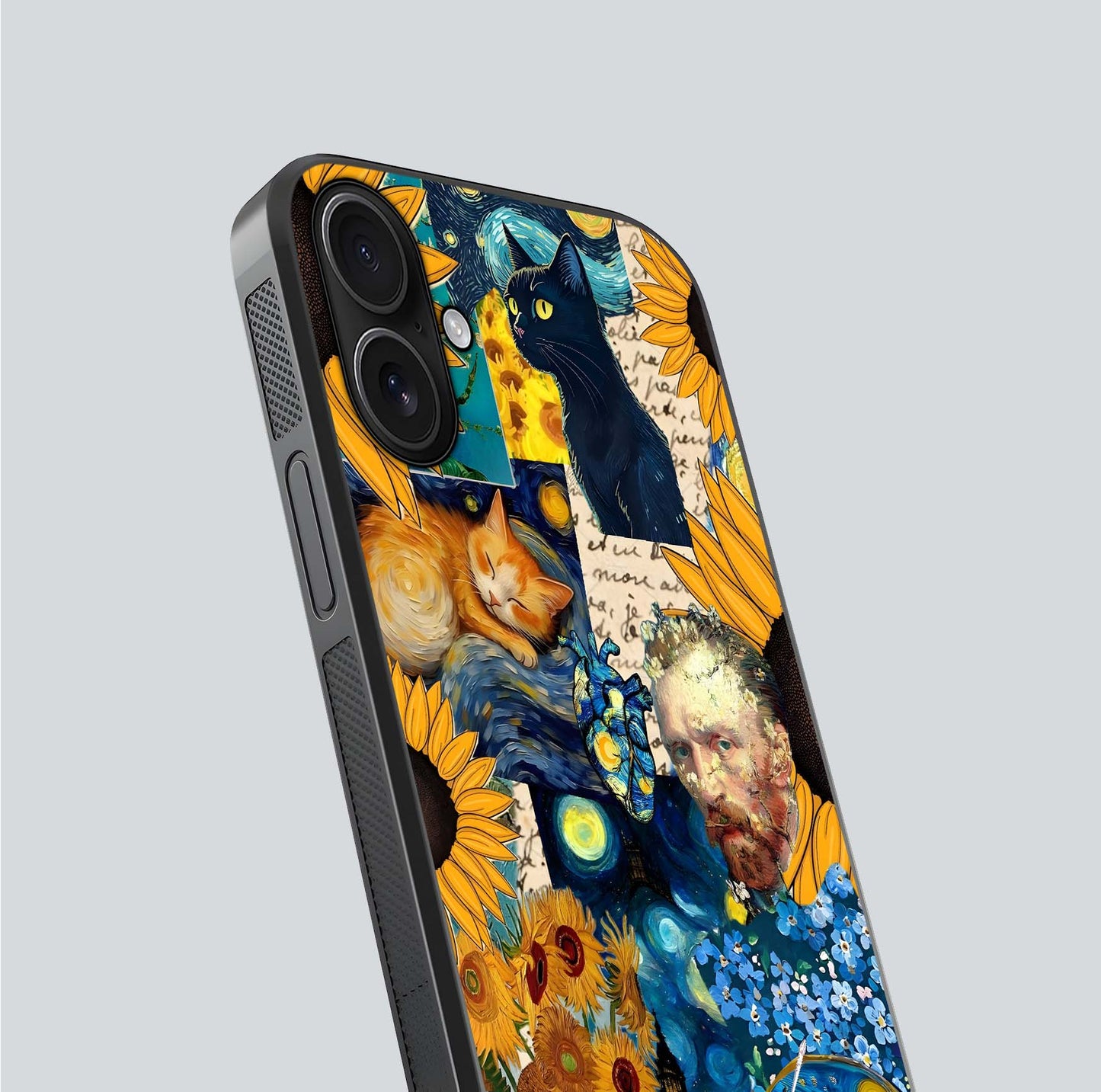 Sunflower Cat Art Glass Case for iPhone 16 close-up angled shot highlighting yellow tones and art reflection