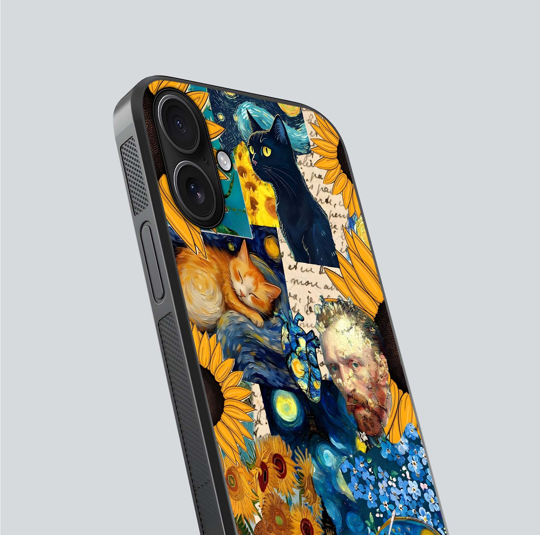 Sunflower Cat Art Glass Case for iPhone 16 close-up angled shot highlighting yellow tones and art reflection